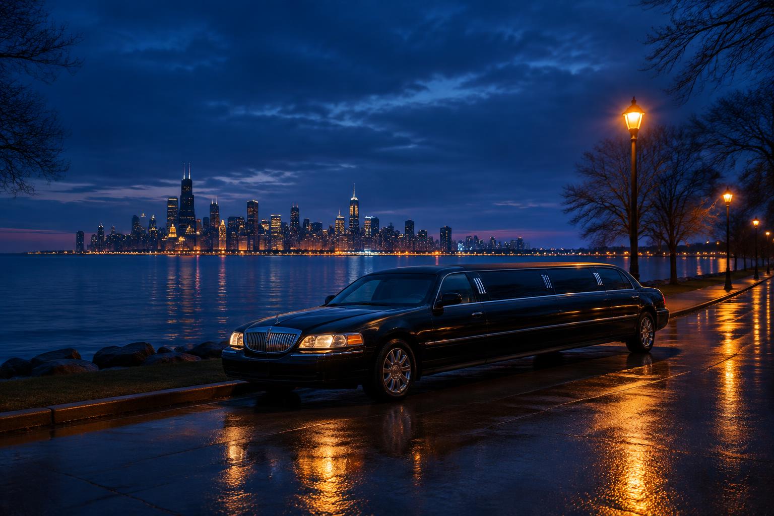 A stretch limousine on a lakeside road at dusk with the Cleveland skyline in the distance